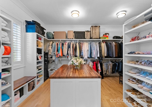 walk in closet with light wood-type flooring