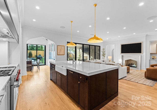 kitchen featuring range hood, stainless steel range, light countertops, dark brown cabinetry, and open floor plan