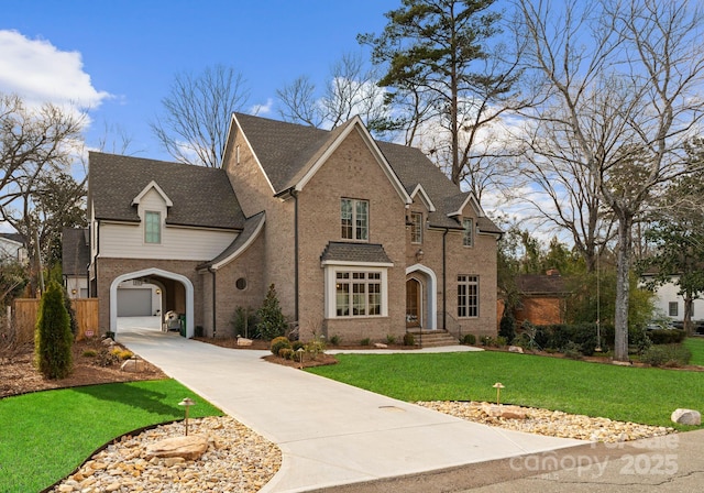 view of front facade featuring brick siding, concrete driveway, a front lawn, and a shingled roof