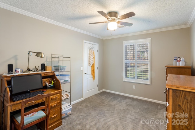 carpeted office featuring a textured ceiling, ceiling fan, and crown molding