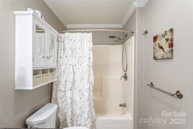 bathroom with crown molding, shower / bath combination with curtain, a textured ceiling, and toilet