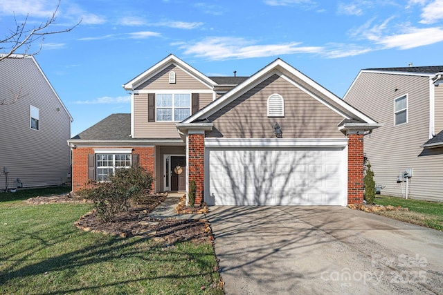 front facade with a garage and a front lawn