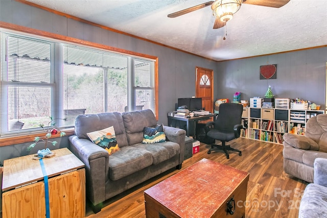 living room featuring plenty of natural light, wood-type flooring, and a textured ceiling