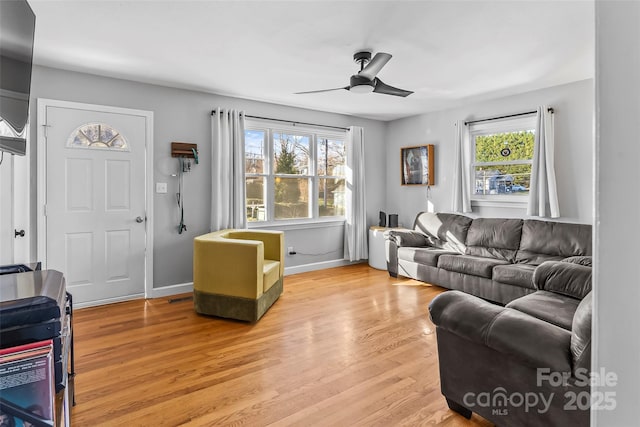 living room featuring a wealth of natural light, ceiling fan, and light wood-type flooring