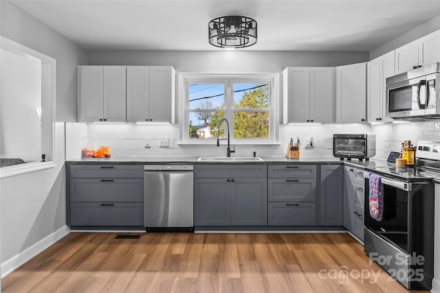 kitchen with appliances with stainless steel finishes, white cabinetry, gray cabinetry, and sink