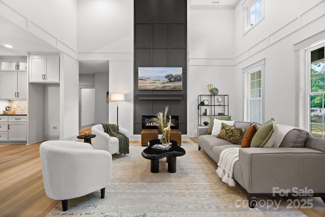 living room featuring plenty of natural light, a towering ceiling, a fireplace, and light hardwood / wood-style flooring