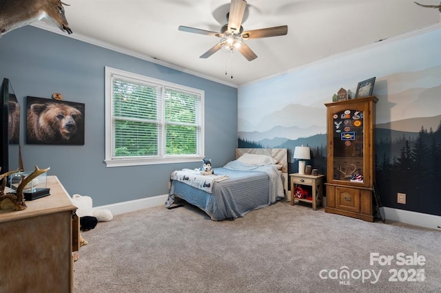 bedroom featuring ceiling fan, light carpet, and ornamental molding