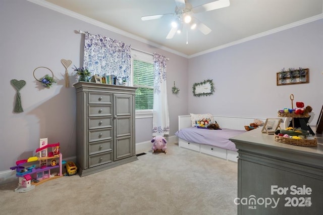 bedroom with ceiling fan, light carpet, and ornamental molding