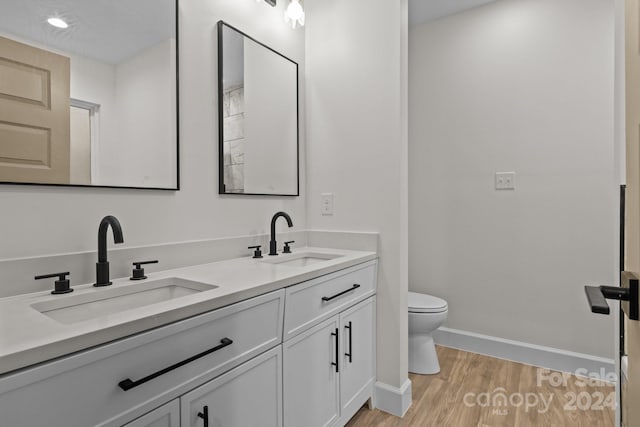 bathroom with hardwood / wood-style flooring, vanity, and toilet