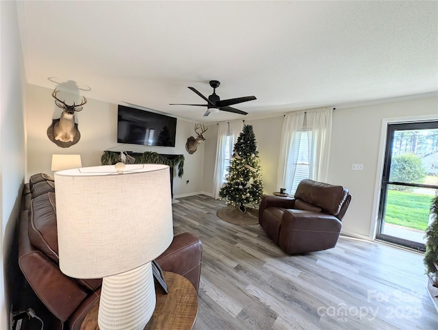 living room featuring hardwood / wood-style flooring and ceiling fan