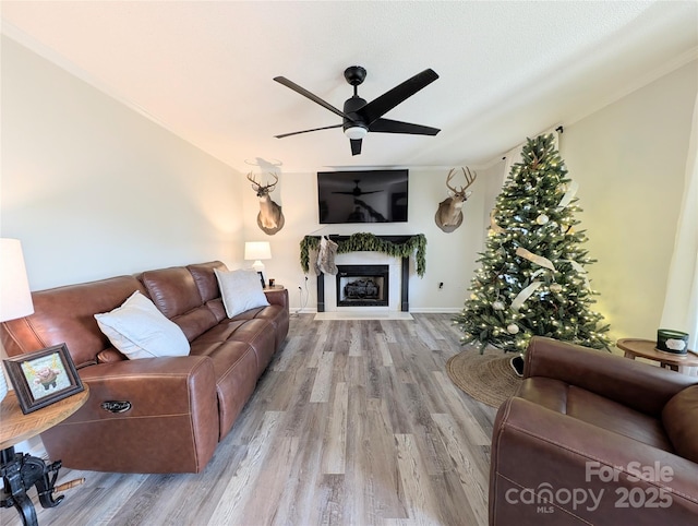 living room with ceiling fan, light hardwood / wood-style floors, and a textured ceiling