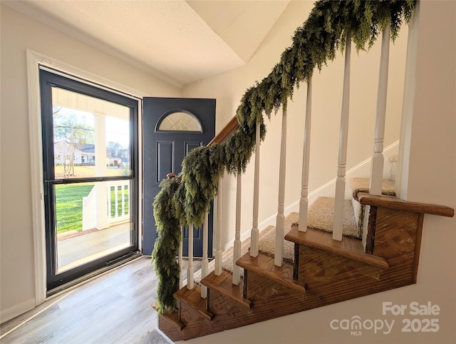 foyer entrance with lofted ceiling and light hardwood / wood-style flooring