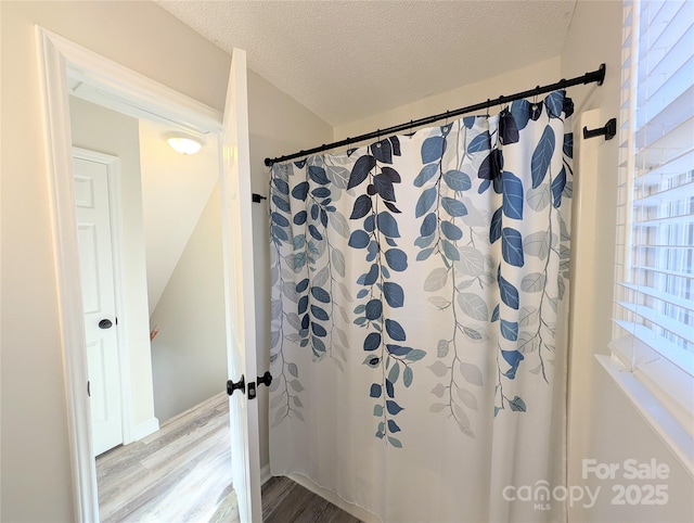 bathroom featuring hardwood / wood-style floors and a textured ceiling