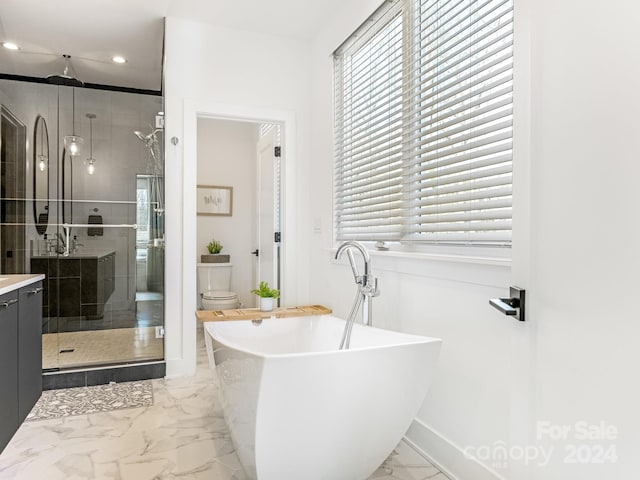 full bathroom featuring vanity, independent shower and bath, and toilet