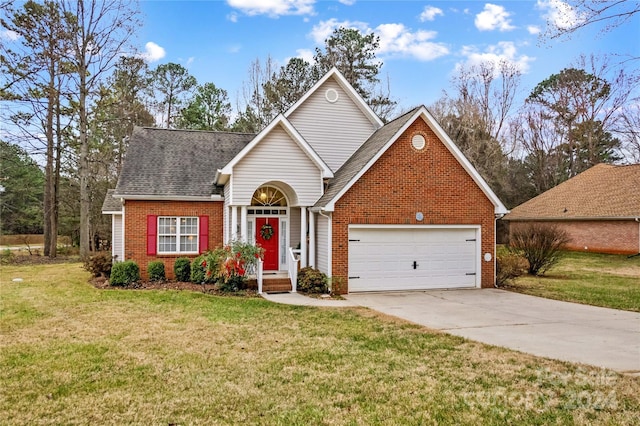 view of front of home with a front lawn and a garage