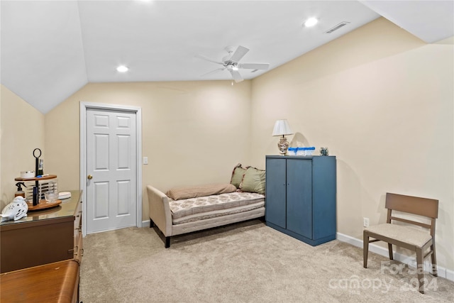 carpeted bedroom featuring ceiling fan and vaulted ceiling