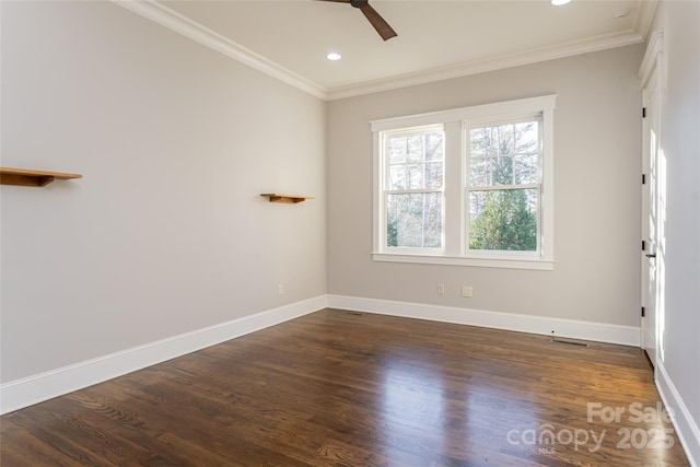 unfurnished room with a ceiling fan, recessed lighting, baseboards, ornamental molding, and dark wood finished floors