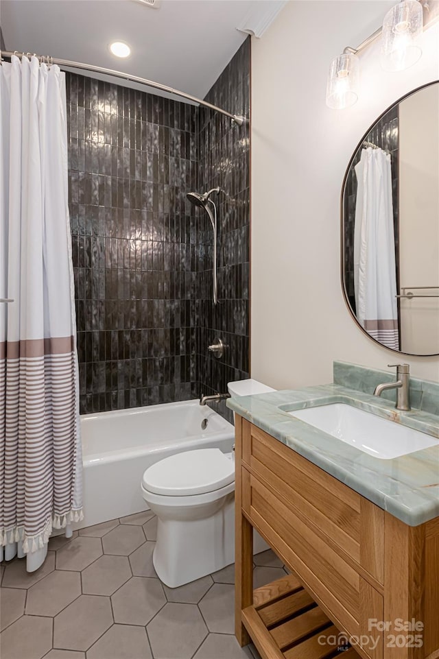 bathroom featuring toilet, shower / tub combo with curtain, tile patterned floors, vanity, and recessed lighting