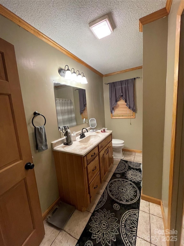 bathroom featuring crown molding, vanity, vaulted ceiling, and a textured ceiling