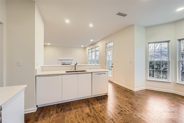 kitchen featuring dishwasher, white cabinets, dark wood-type flooring, and sink