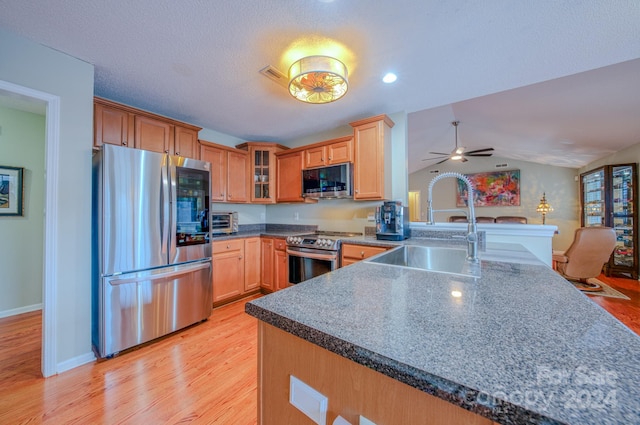 kitchen featuring ceiling fan, sink, kitchen peninsula, light hardwood / wood-style floors, and appliances with stainless steel finishes