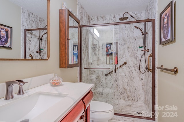 bathroom featuring vanity, a textured ceiling, toilet, and a shower with shower door