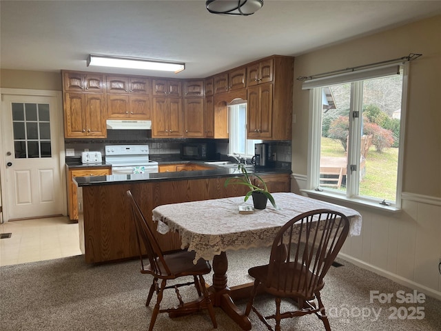 kitchen with kitchen peninsula, white range, and sink