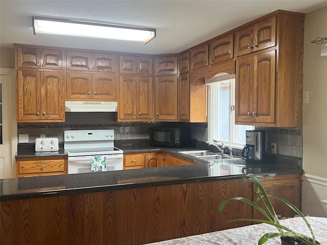 kitchen with tasteful backsplash, range with electric cooktop, and sink