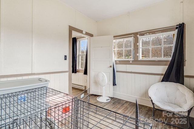 bathroom with wood-type flooring and a baseboard radiator