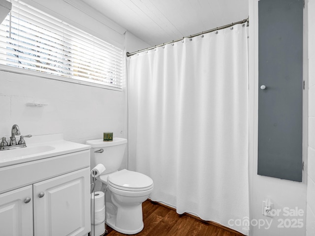 bathroom featuring hardwood / wood-style floors, vanity, and toilet