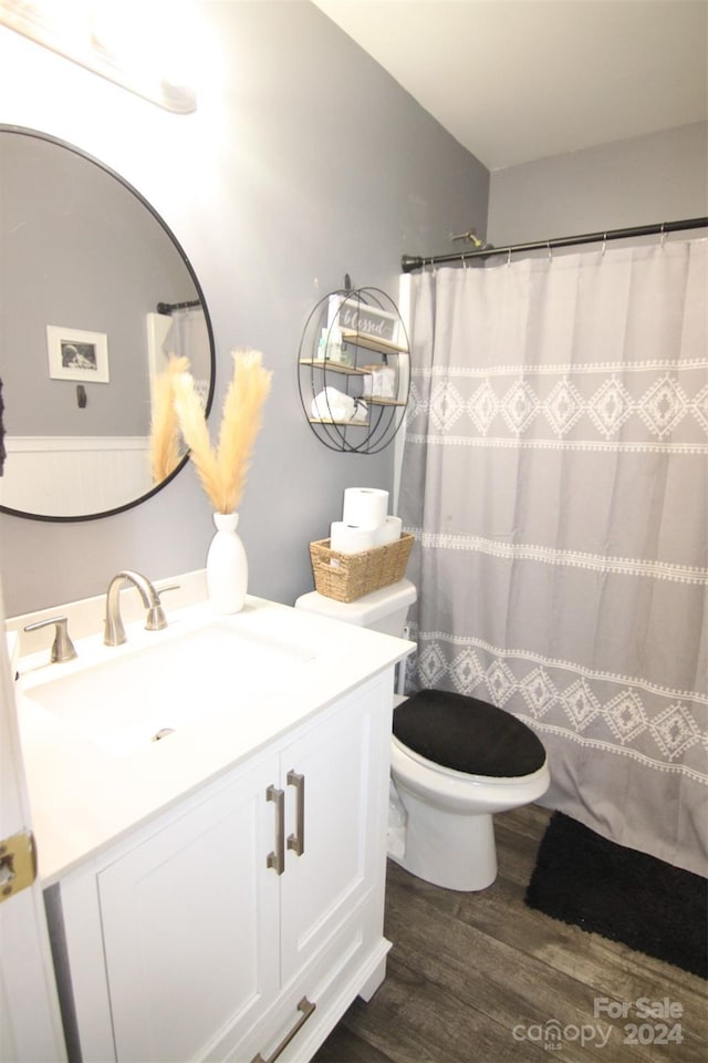 bathroom with walk in shower, vanity, wood-type flooring, and toilet