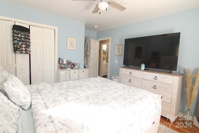 bedroom featuring a closet, ceiling fan, and hardwood / wood-style flooring