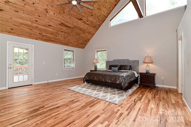 bedroom with access to exterior, ceiling fan, light hardwood / wood-style floors, and multiple windows