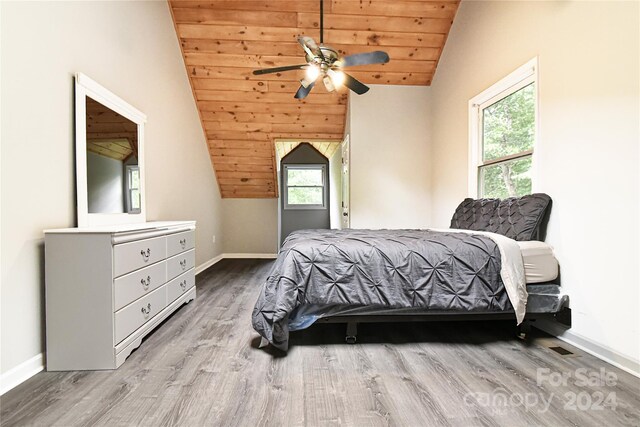 bedroom with ceiling fan, wood ceiling, multiple windows, and vaulted ceiling