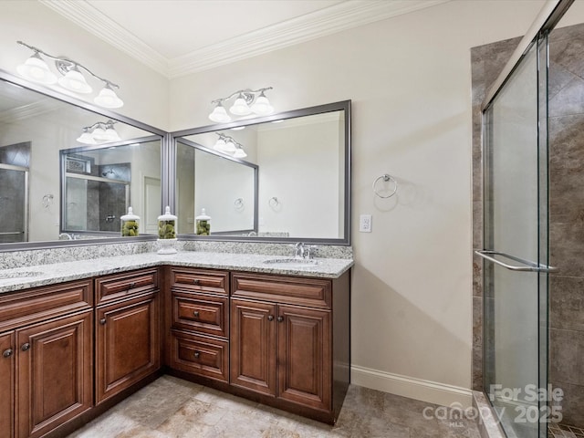 bathroom featuring crown molding, vanity, and walk in shower