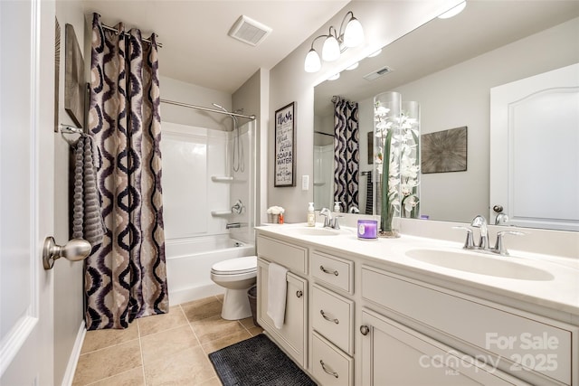 full bathroom featuring tile patterned floors, shower / bath combo with shower curtain, vanity, and toilet