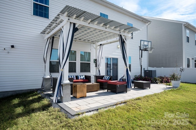 rear view of house featuring central AC unit, a lawn, a pergola, an outdoor living space, and a patio