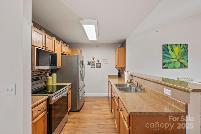 kitchen with backsplash, sink, appliances with stainless steel finishes, light hardwood / wood-style floors, and kitchen peninsula