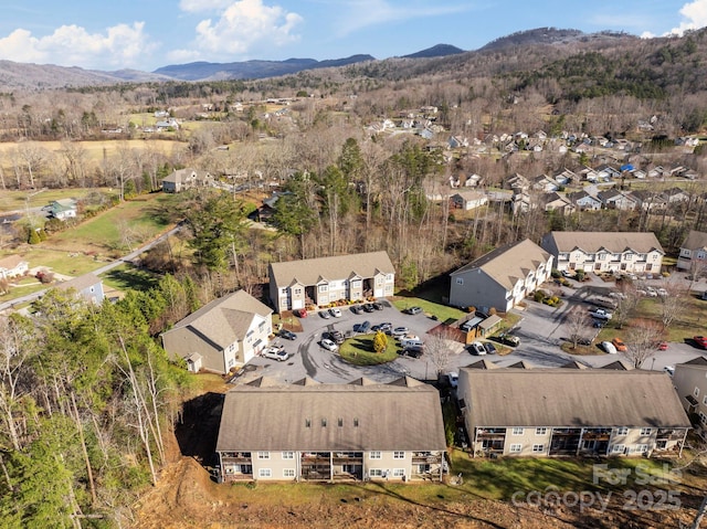 drone / aerial view featuring a mountain view