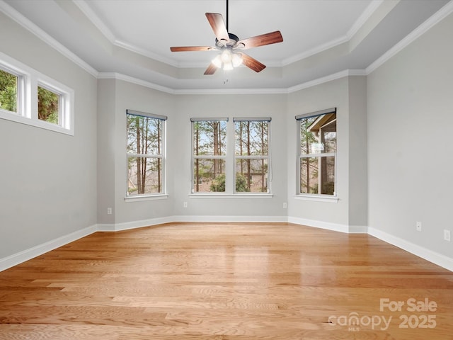 spare room featuring a raised ceiling, light wood-style flooring, and baseboards