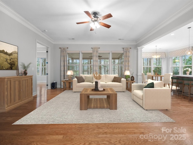 living area featuring decorative columns, baseboards, a ceiling fan, wood finished floors, and crown molding