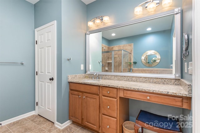 bathroom with vanity, tile patterned floors, and walk in shower