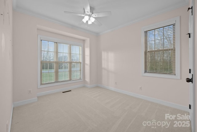 carpeted spare room with ceiling fan and crown molding