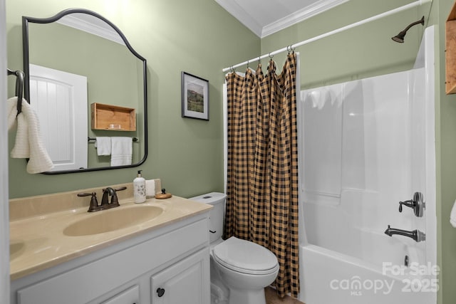 full bathroom featuring shower / tub combo, vanity, toilet, and ornamental molding