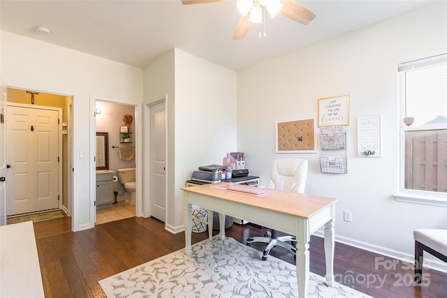 home office with ceiling fan and dark hardwood / wood-style flooring