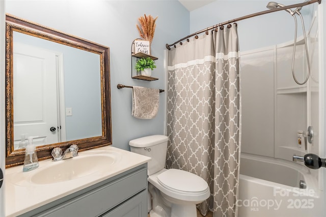 full bathroom featuring toilet, vanity, and shower / tub combo with curtain