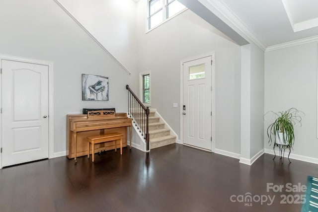 foyer entrance featuring a high ceiling, plenty of natural light, and ornamental molding