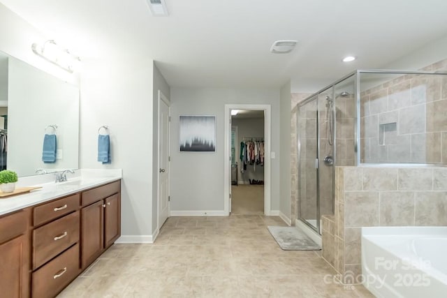 bathroom with vanity and plus walk in shower