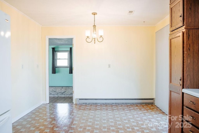 unfurnished dining area with an inviting chandelier and baseboard heating