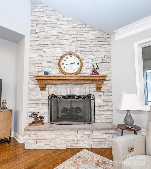 details with a fireplace, hardwood / wood-style floors, and ornamental molding